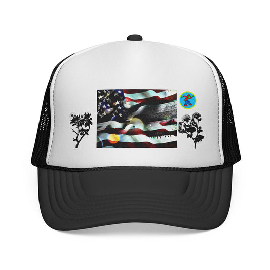 Colorado Flag Trucker Cap with Grunge American Flag & Floral Accents