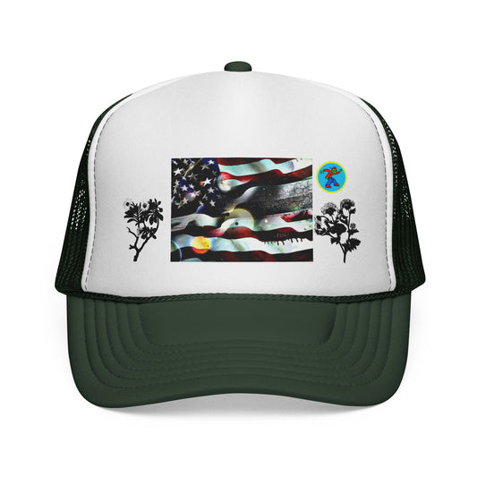 Colorado Flag Trucker Cap with Grunge American Flag & Floral Accents
